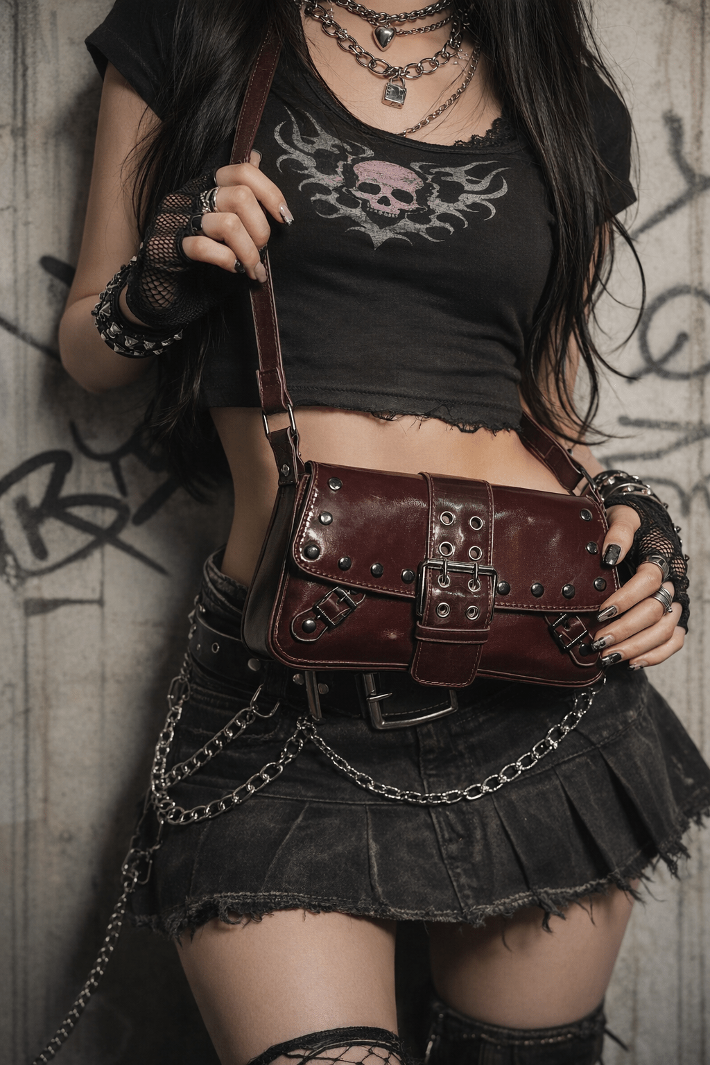 Borsa Y2K Punk Rock Nuova senza Etichetta con Borchie – Crossbody Marrone - GEDICO STORE