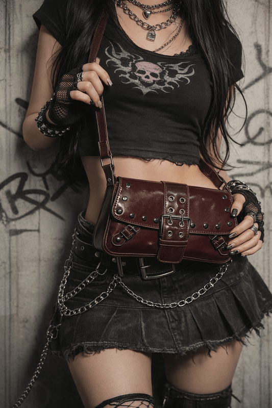 Borsa Y2K Punk Rock Nuova senza Etichetta con Borchie – Crossbody Marrone - GEDICO STORE