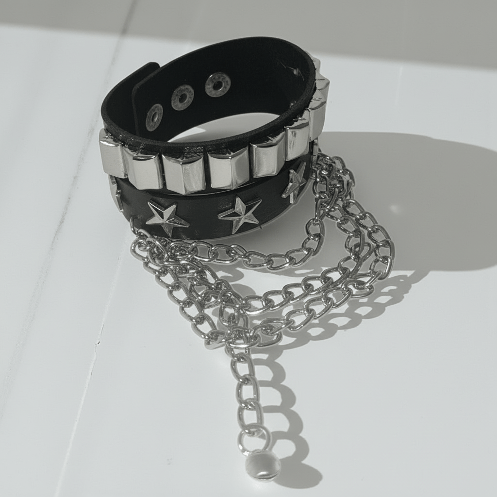 Bracciale Punk Rock in Pelle Nera con Borchie a Stella e Catena Metallica Unisex - GEDICO STORE
