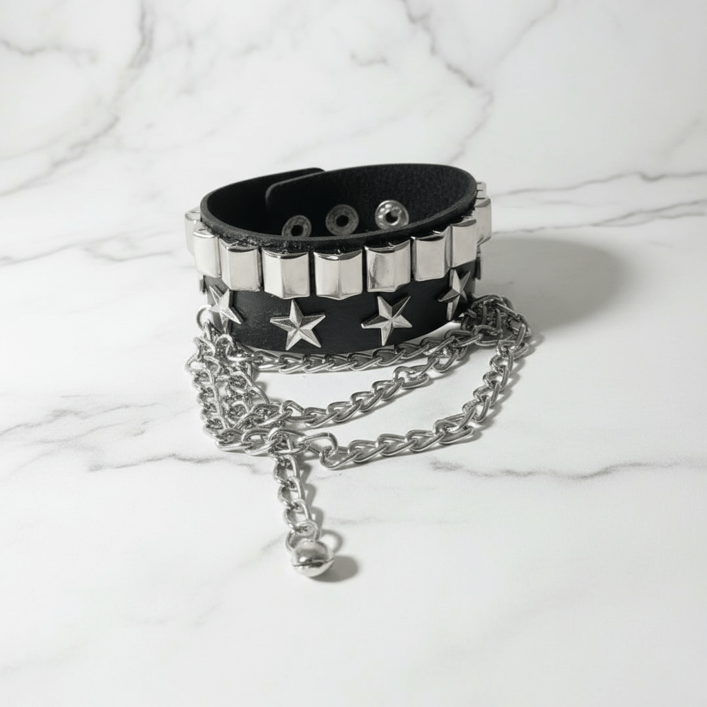 Bracciale Punk Rock in Pelle Nera con Borchie a Stella e Catena Metallica Unisex - GEDICO STORE