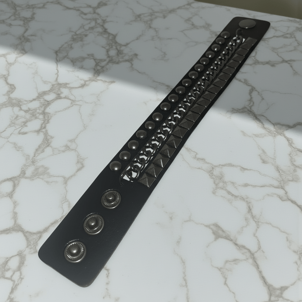 Bracciale Punk Rock Unisex in Pelle Nera con Borchie e Catena | Accessorio Y2K Emo Goth | Polsino Regolabile Stile AlternativePunk Rock Black Leather Bracelet with Studs and Chain | Y2K Emo Goth Cuff | Unisex Adjustable Wristband - GEDICO STORE