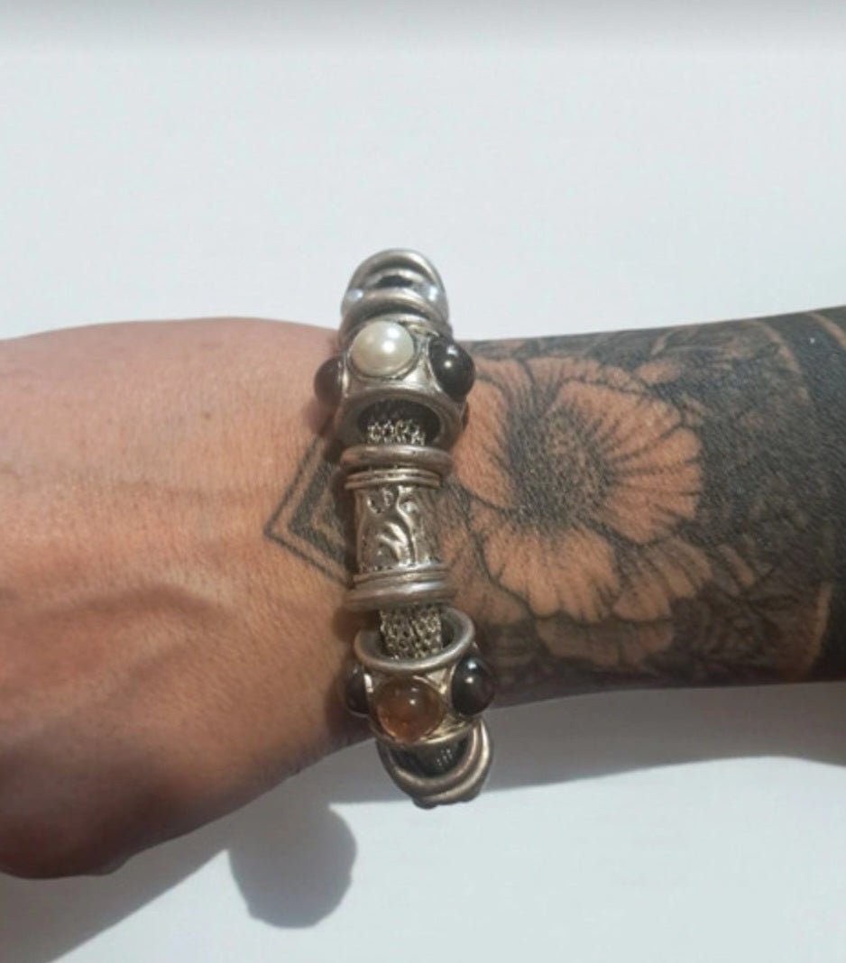 Bracciale Unisex Vintage Y2K con Perle e Pietre – Maglia Metallica Argento, Stile Anni 2000 - GEDICO STORE