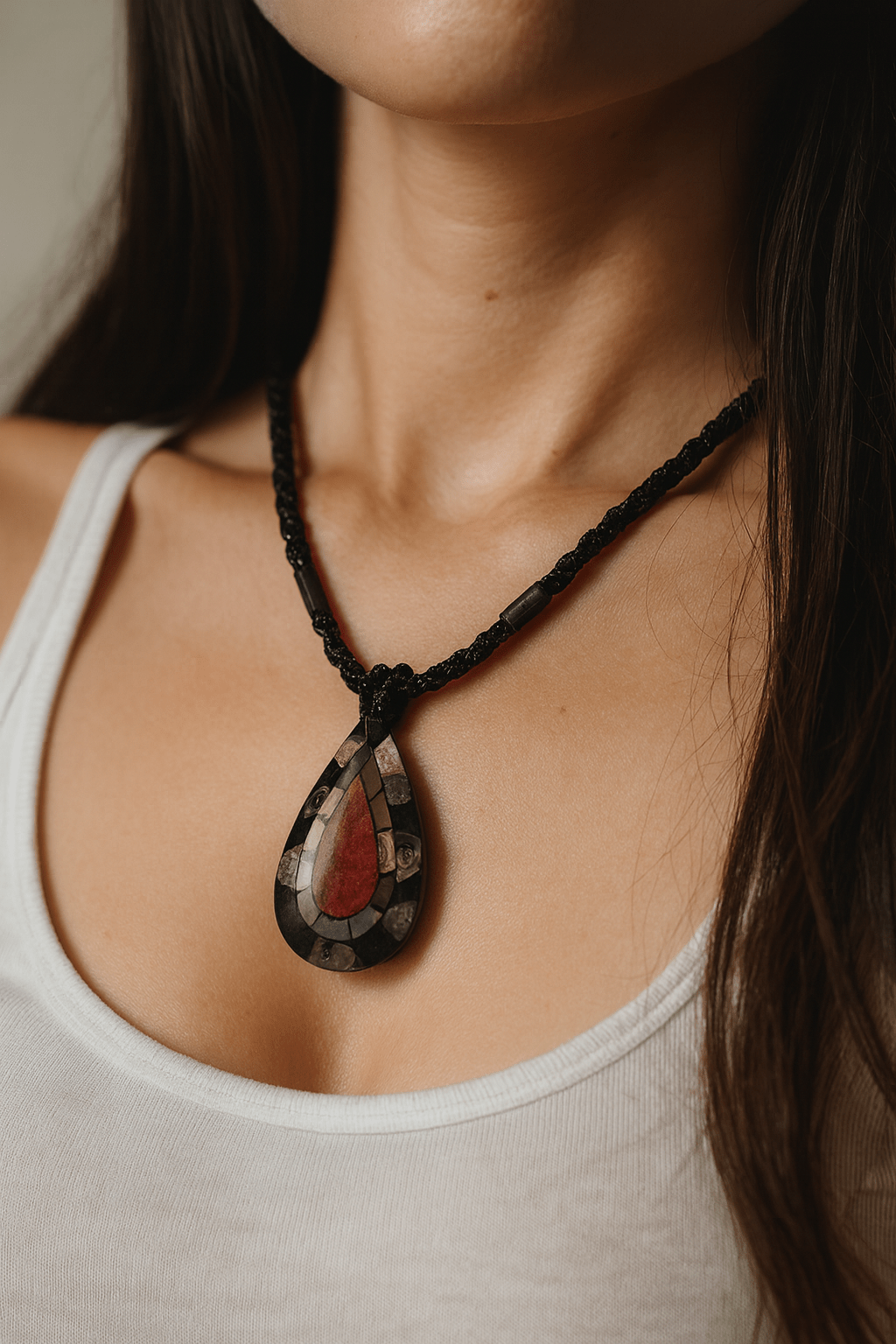 Collana etnica con ciondolo intarsiato | Perline nere, stile artigianale - GEDICO STORE