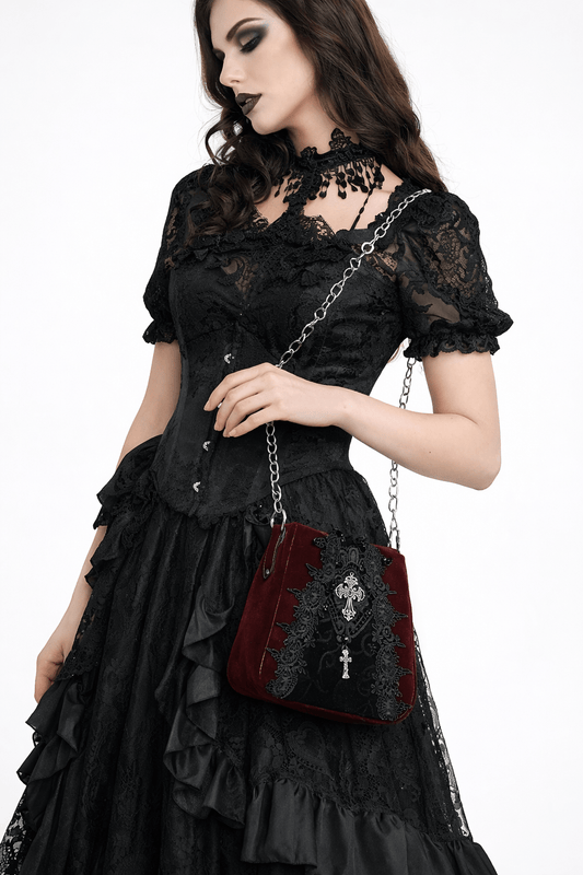 EN: Gothic Velvet Crossbody Bag with Lace & Cross Charm IT: Borsa Gothica in Velluto con Ricami, Pizzo e Croce Decorativa - GEDICO STORE