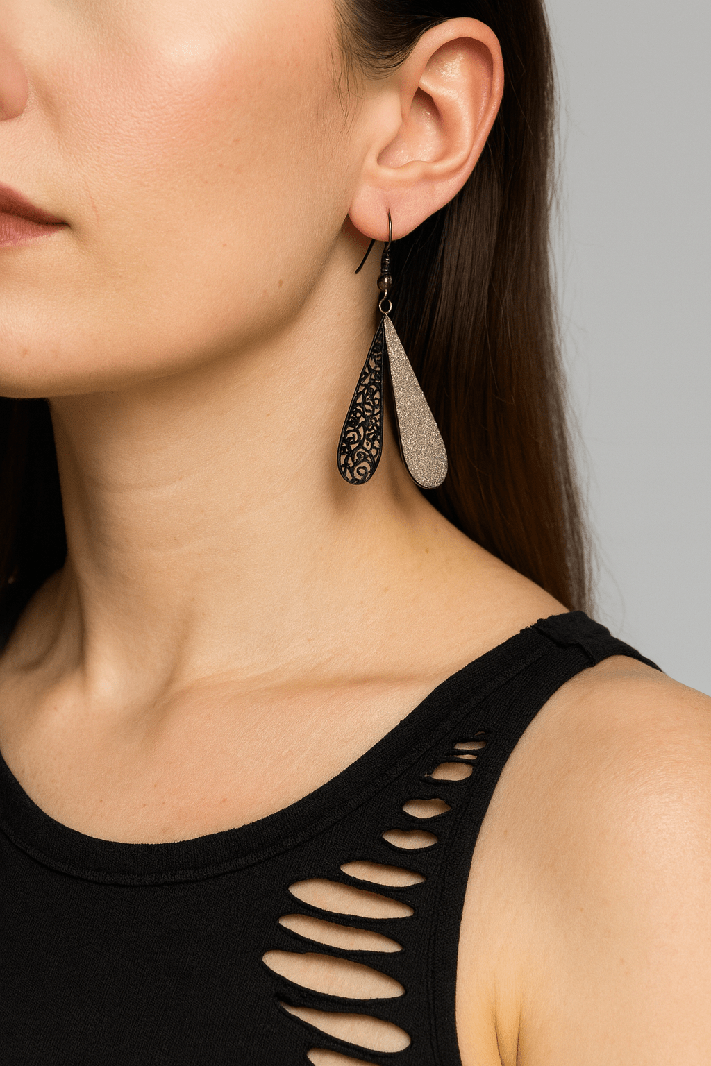 Orecchini pendenti donna | Goccia argento glitter nero eleganti - GEDICO STORE